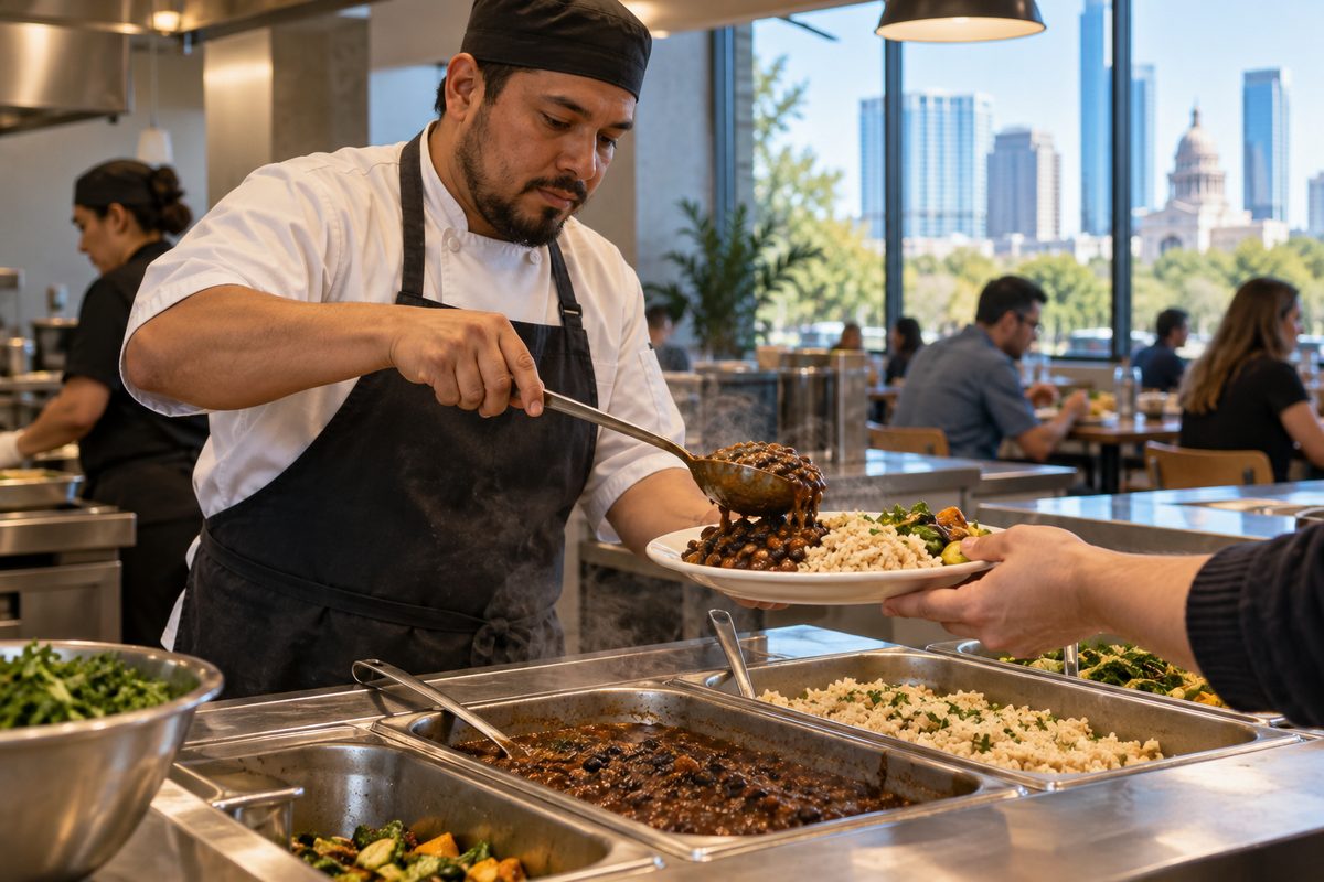 Cook plating braised beans and rice at a staff cafeteria counter