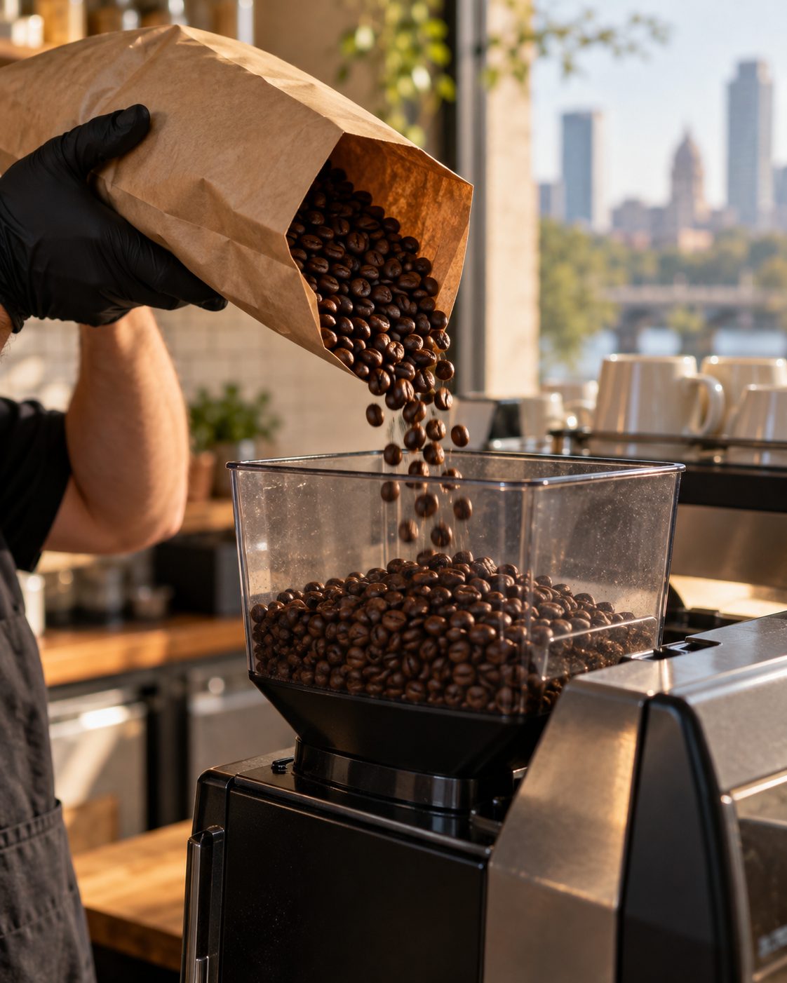 Espresso beans poured into the hopper of an office coffee machine