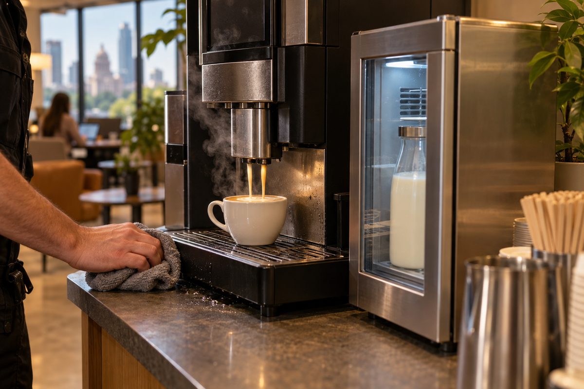 Bean-to-cup machine pouring a flat white while a technician wipes the drip tray