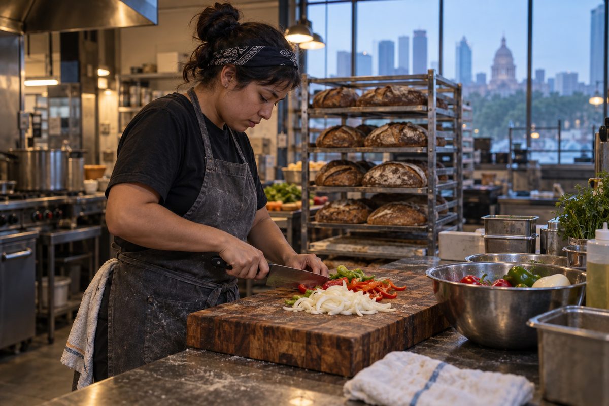 Cook slicing peppers at dawn with sourdough loaves cooling behind