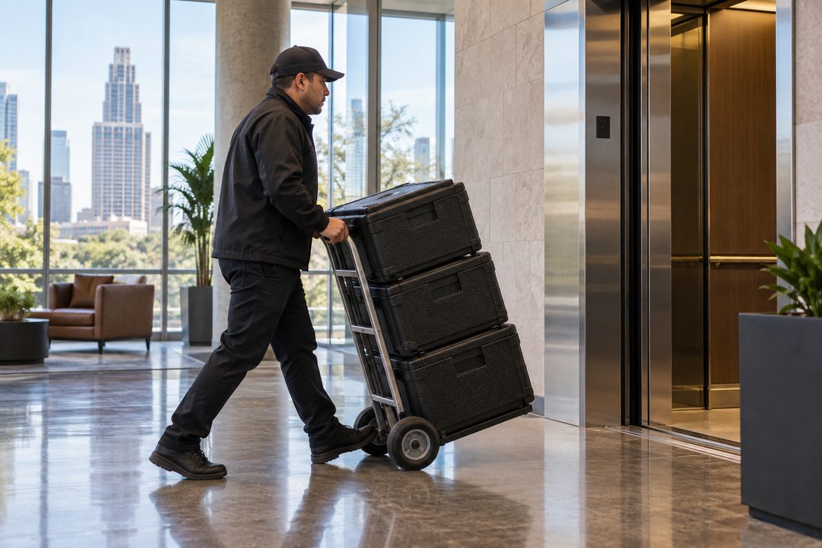 Driver wheeling insulated lunch crates across an office lobby toward the lift