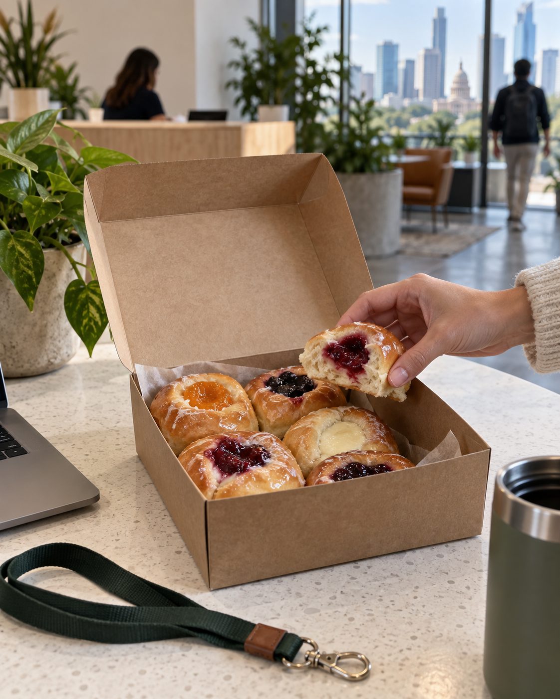 Open box of kolaches on an office reception counter in morning light