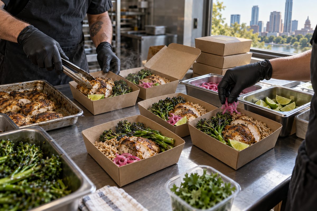 Gloved hands packing roast chicken and farro into individual lunch boxes