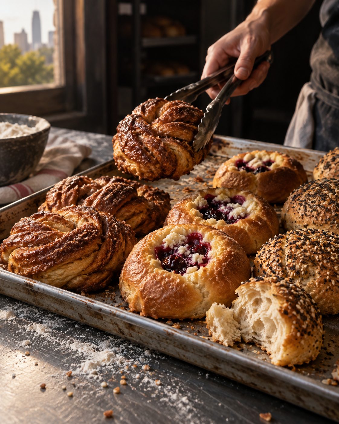 Tray of fresh kolaches and seeded rolls on a floured bench