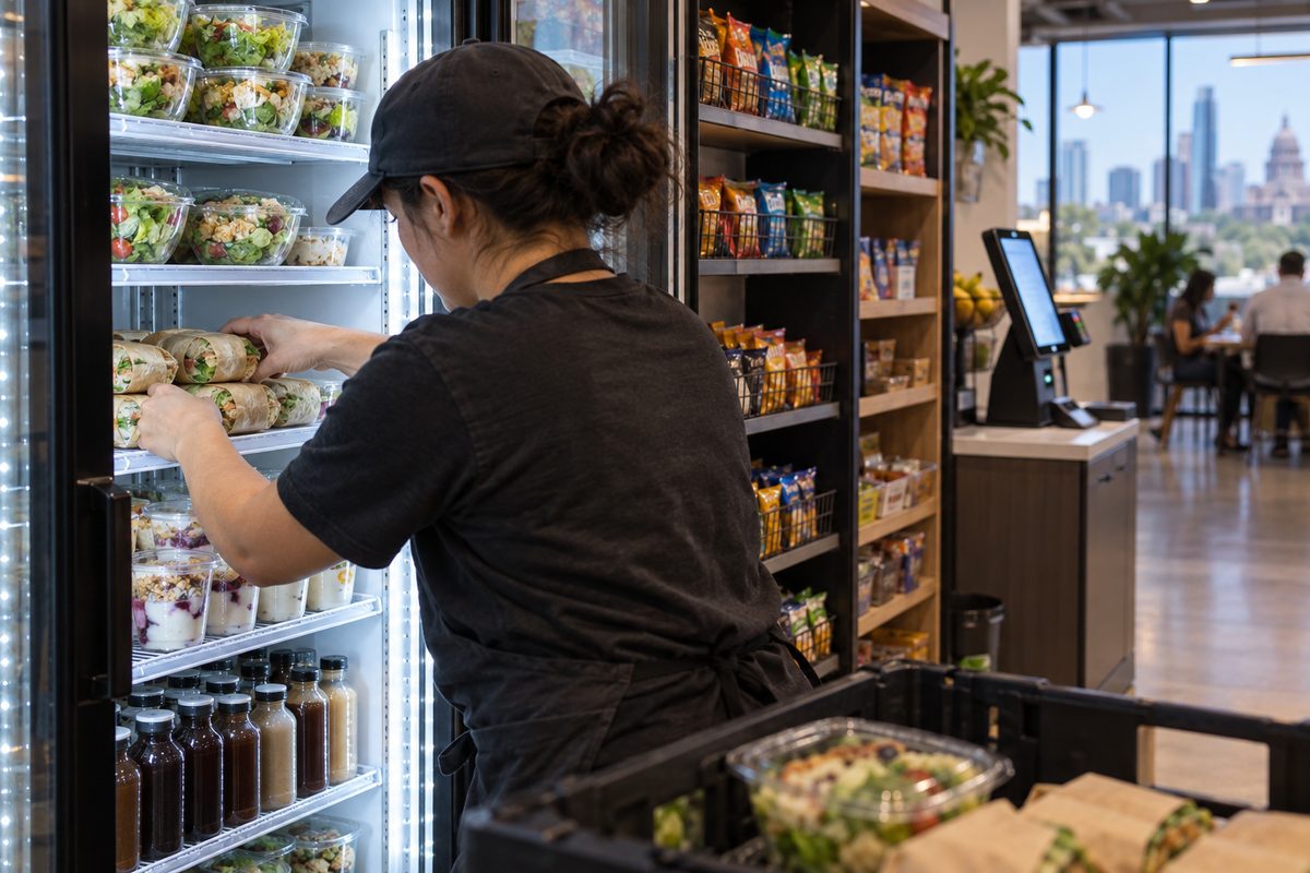 Route worker restocking salads and sandwiches in a breakroom micromarket fridge