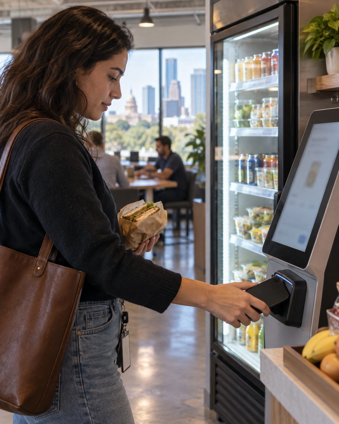 Employee tapping a phone to pay at a breakroom micromarket kiosk
