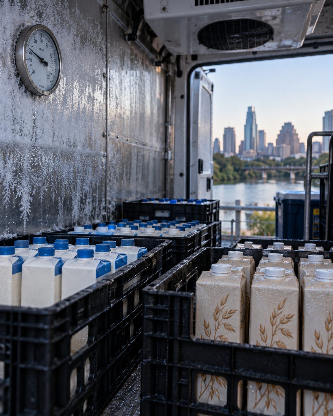 Crates of whole and oat milk chilled inside the route van