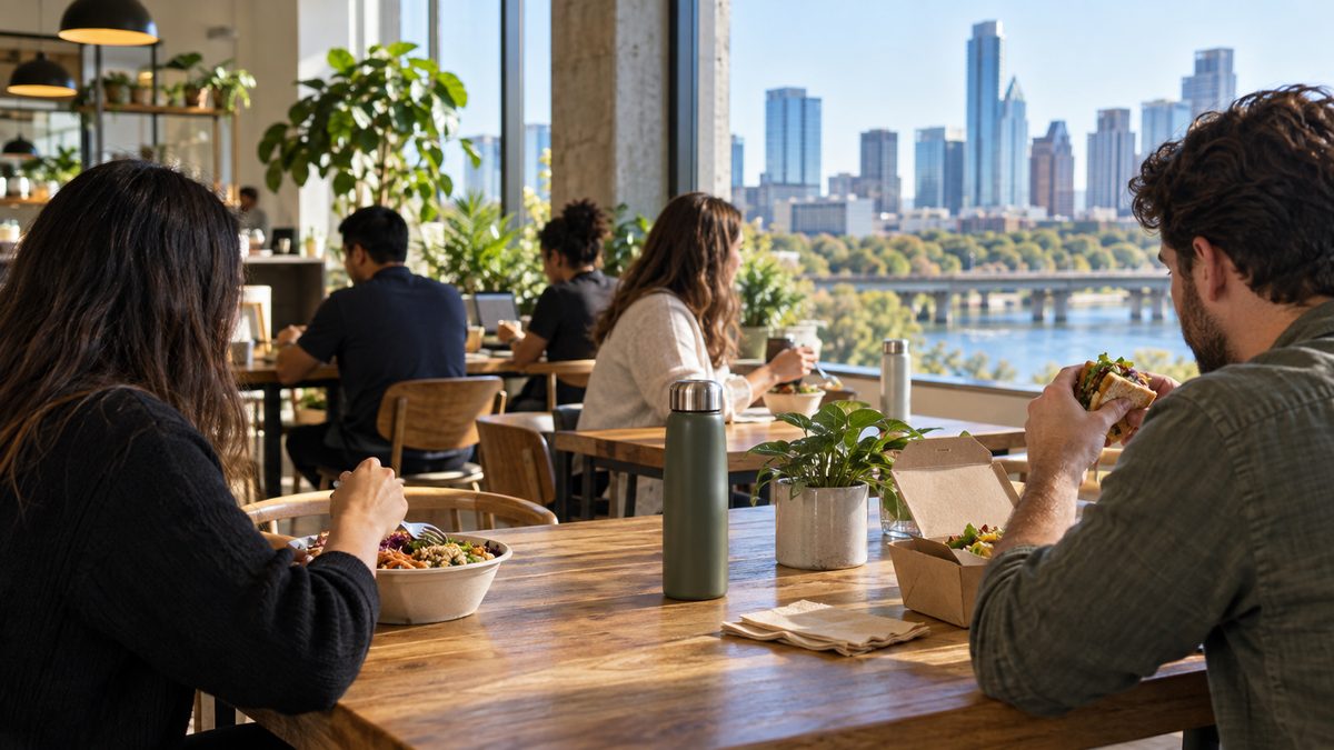Staff eating lunch at long oak tables in a sunlit office cafe
