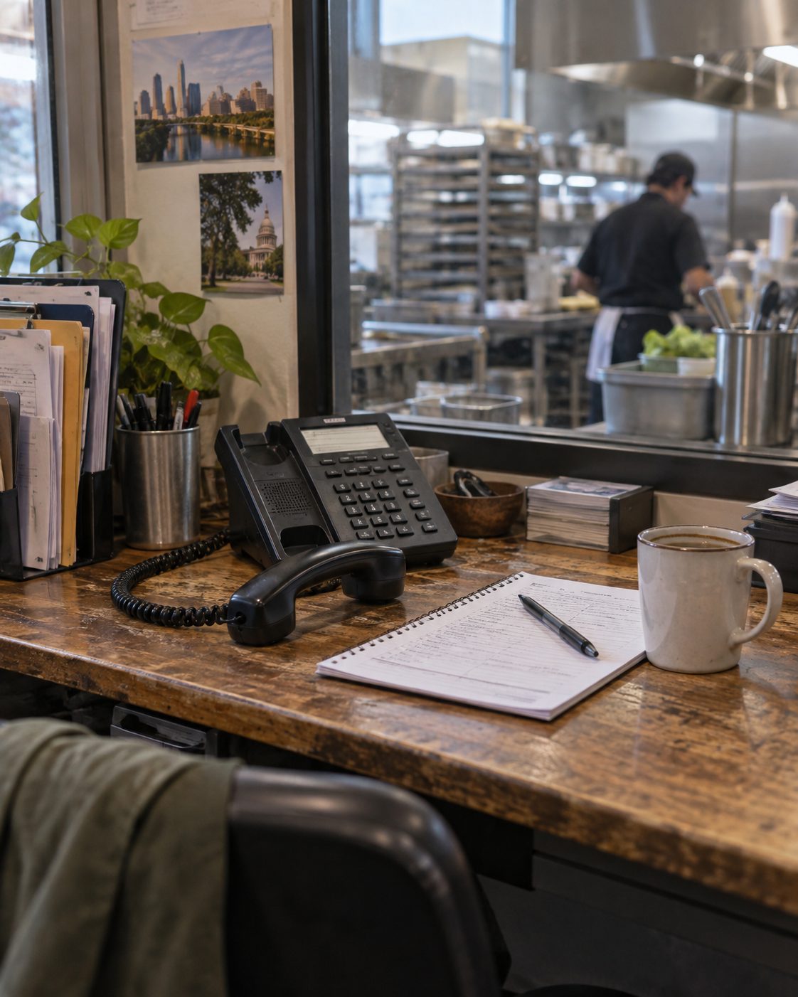 Desk phone beside a handwritten route sheet in the commissary office
