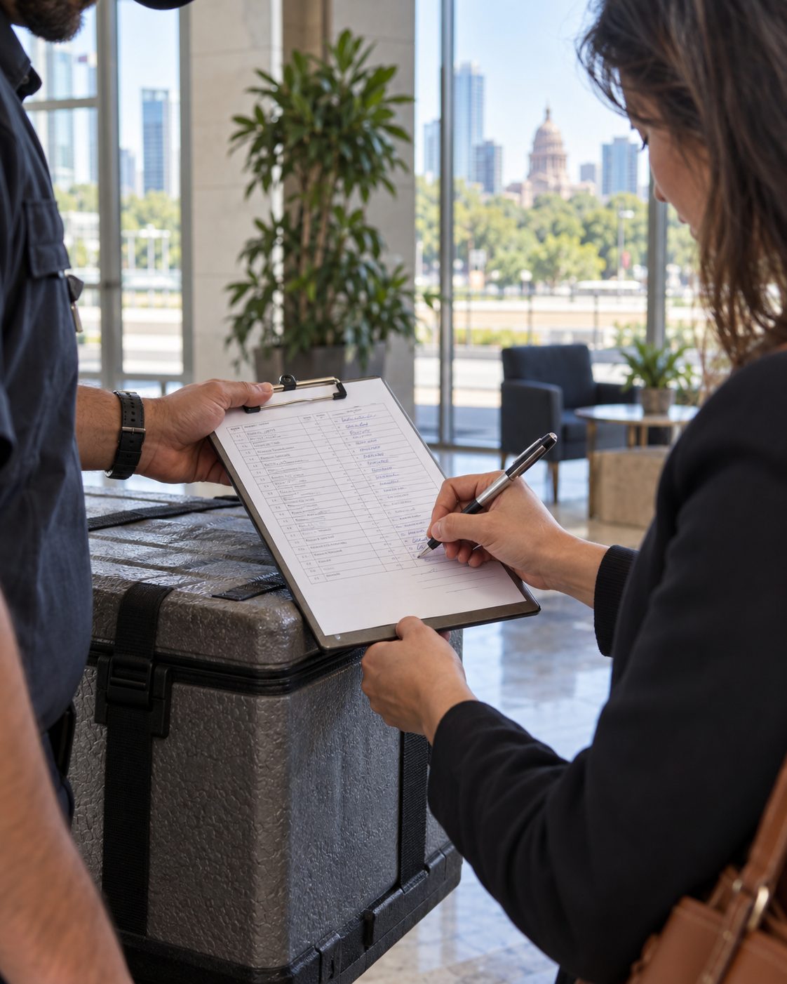 Office contact signing the route log on top of an insulated lunch crate